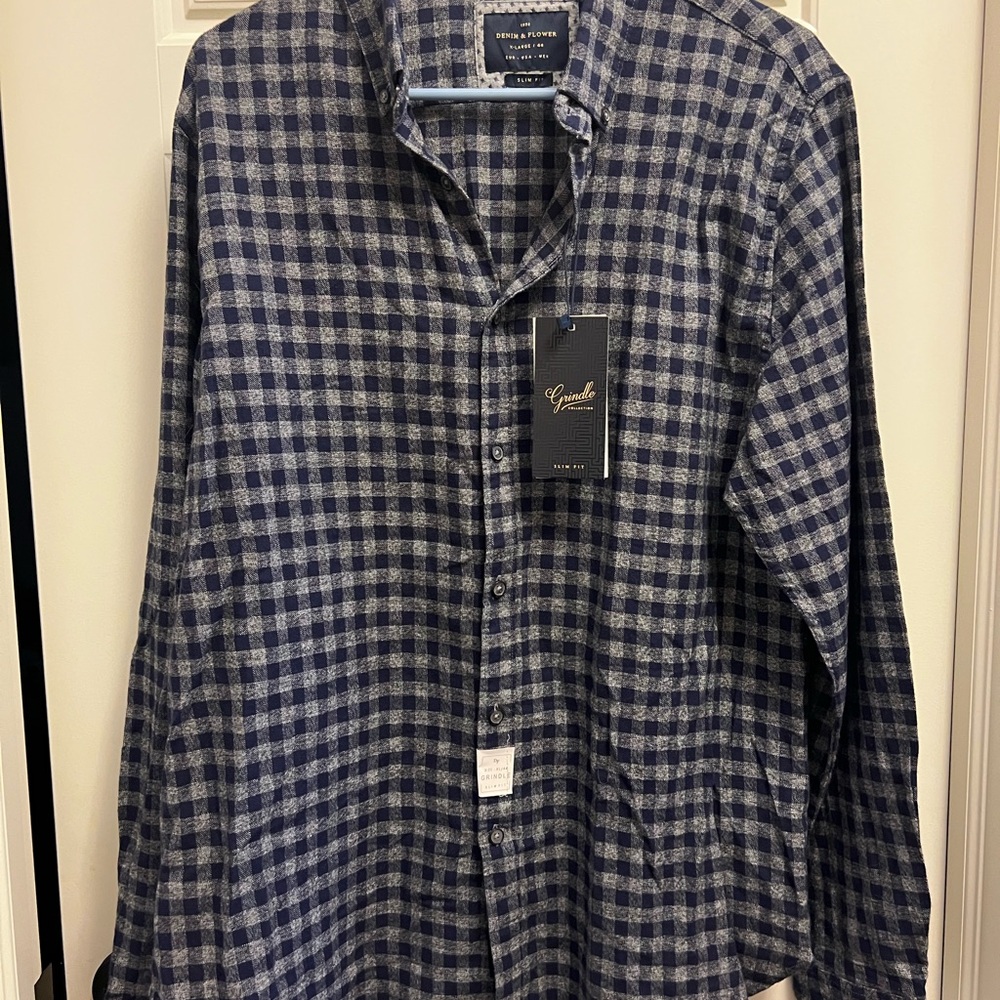 Denim & Flower Men's Navy and Gray Plaid Button-Down Shirt